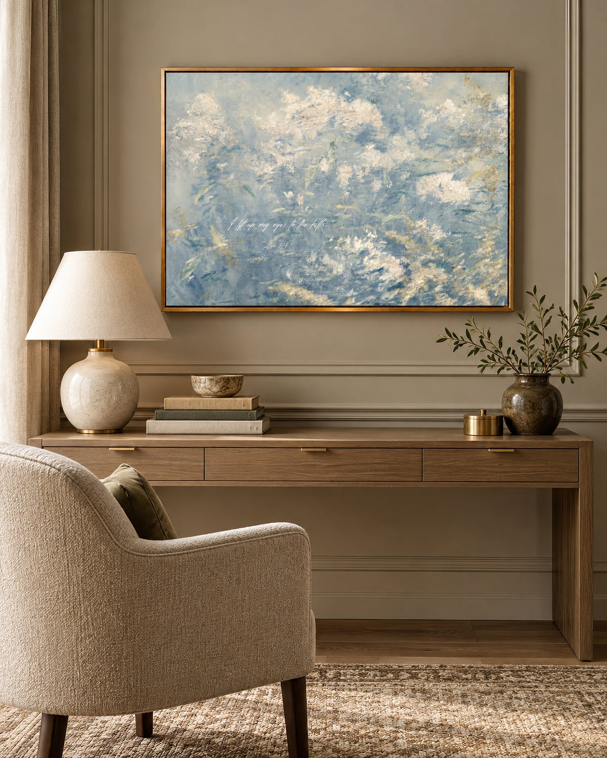 Blue Hydrangea Texture with Verse wall art