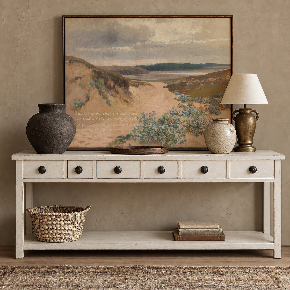 Coastal Beach — Romans 8:28 wall art