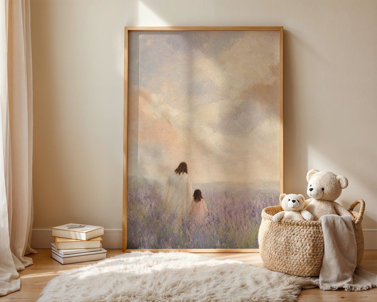 Jesus and Little Girl in Lavender Field wall art