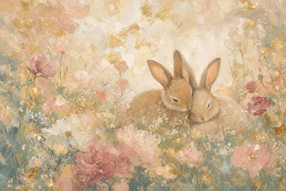 Cuddling Bunnies in Peonies artwork