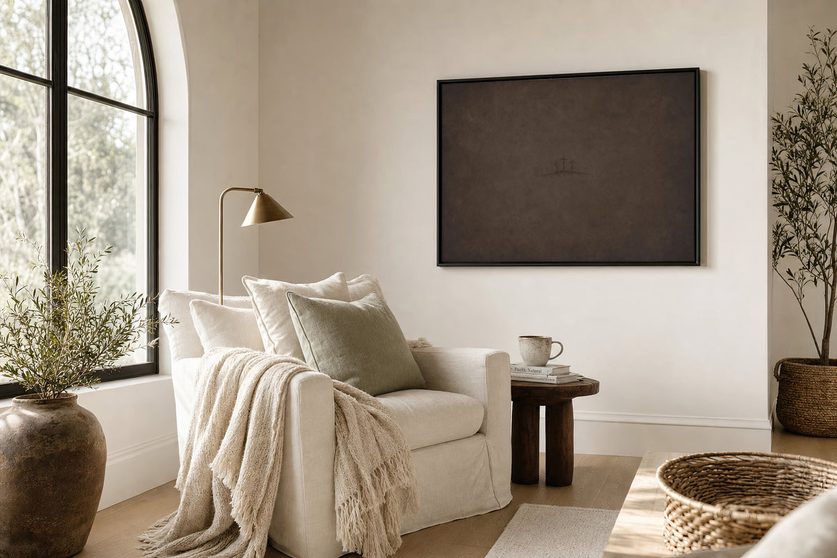 Three Crosses on Calvary Minimal Brown wall art