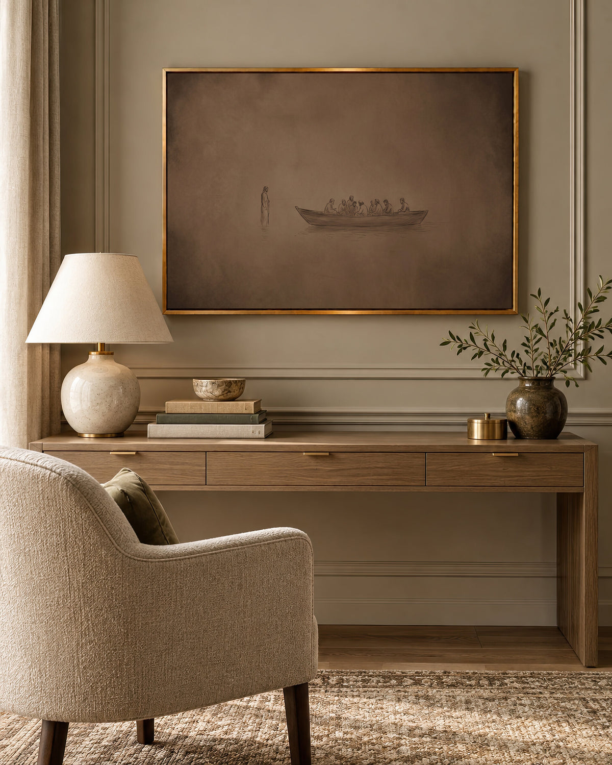 Jesus Walking on Water Sepia Sketch wall art