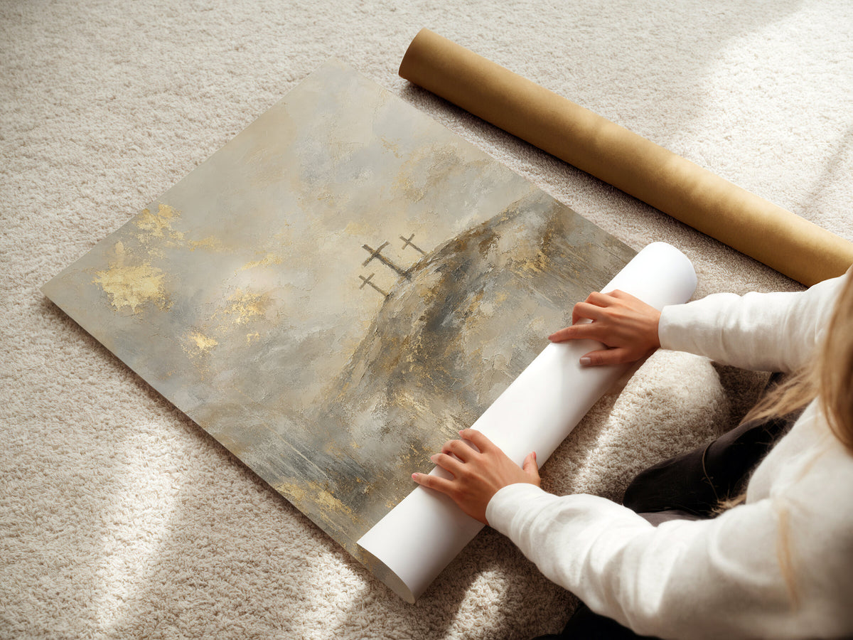 Three Crosses on Calvary Gold wall art