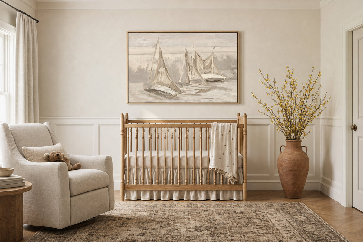 Boys' Nursery Room wall art in a cozy nursery above the crib