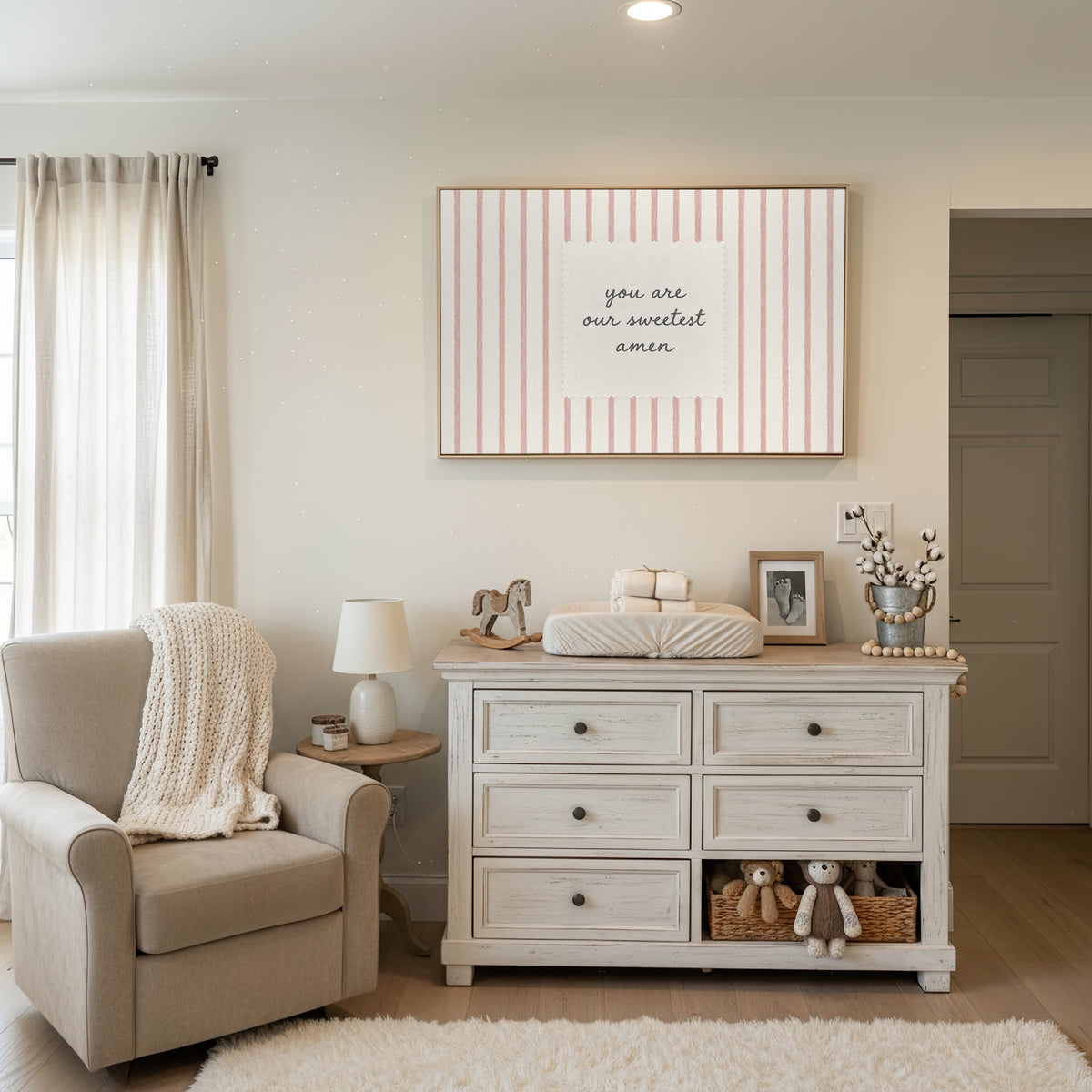 Sweetest Amen Pink Stripes wall art in a bright white nursery