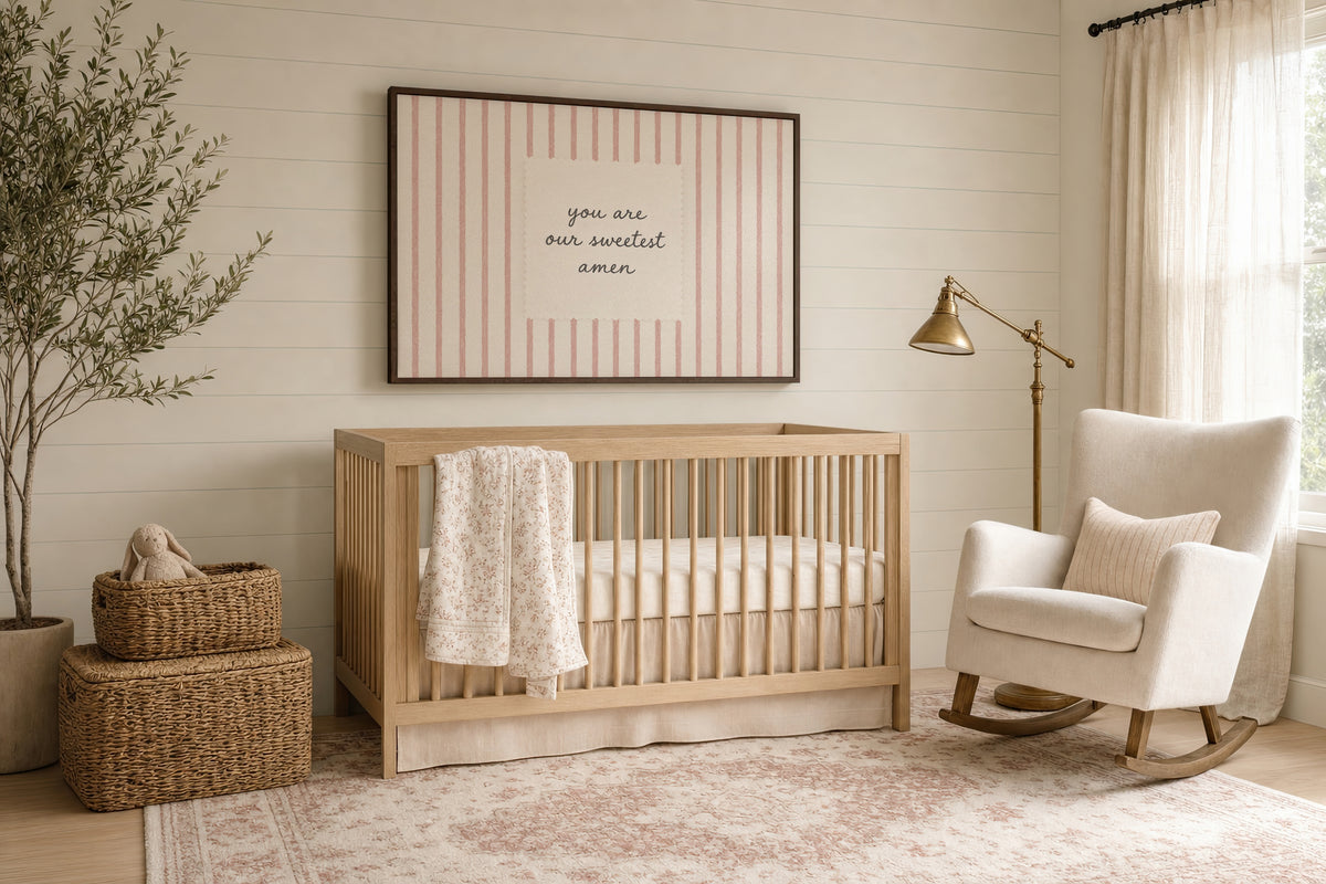 Sweetest Amen Pink Stripes wall art in a sunlit nursery with a rocker