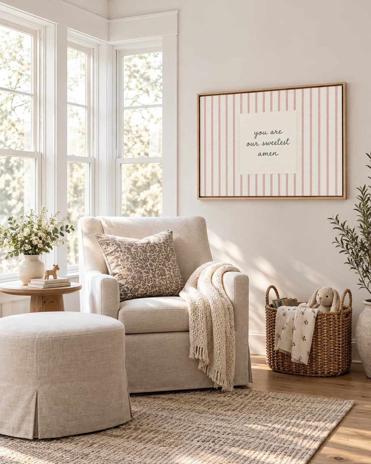 Sweetest Amen Pink Stripes wall art in a serene nursery reading nook