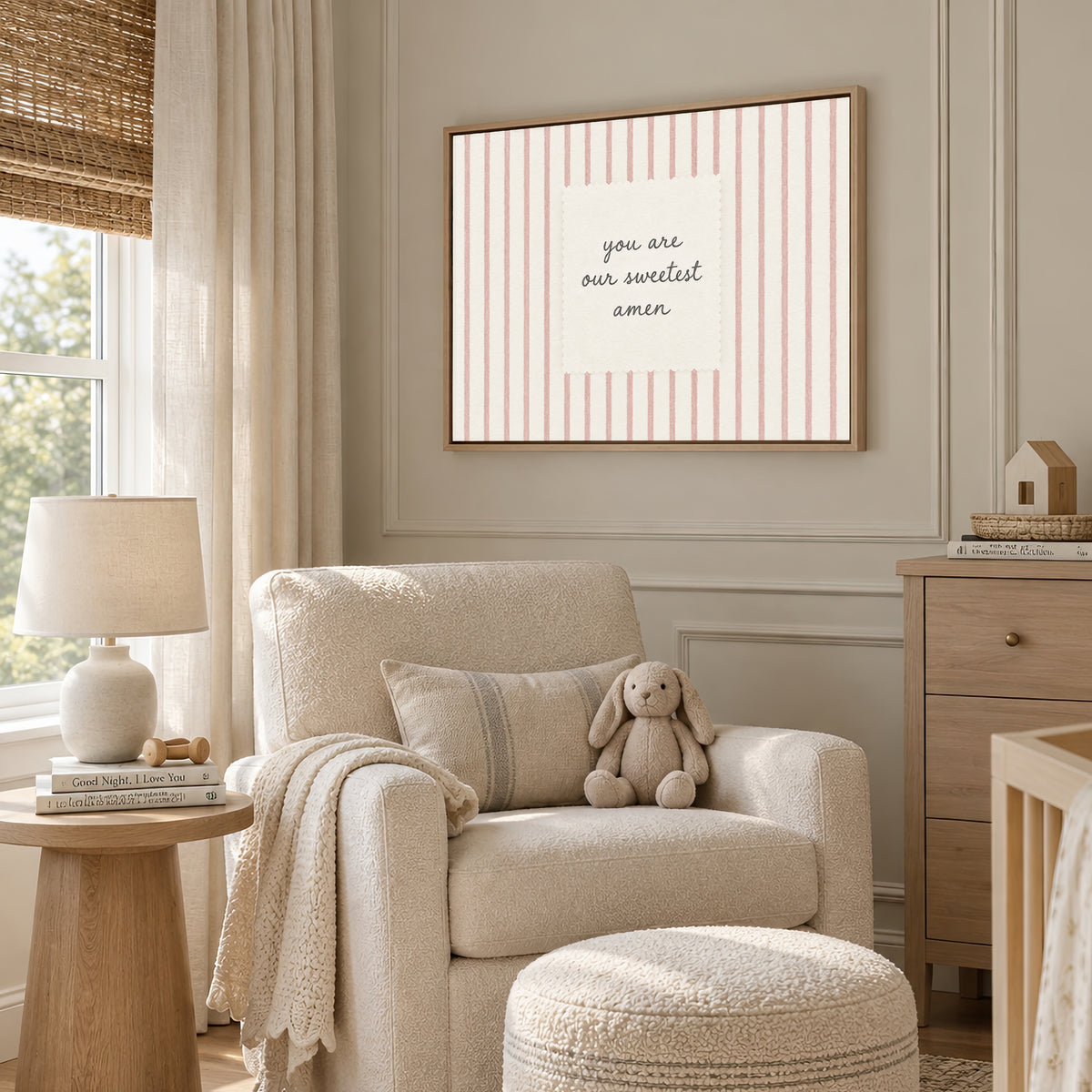 Sweetest Amen Pink Stripes wall art in a soft neutral nursery