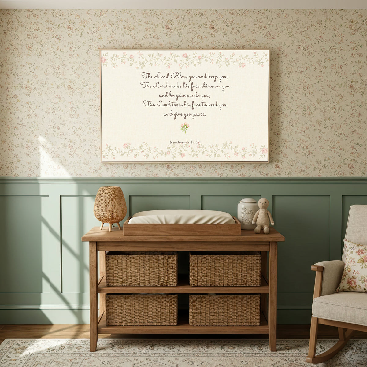 Nursery Blessing Soft Florals wall art in a sage and floral nursery