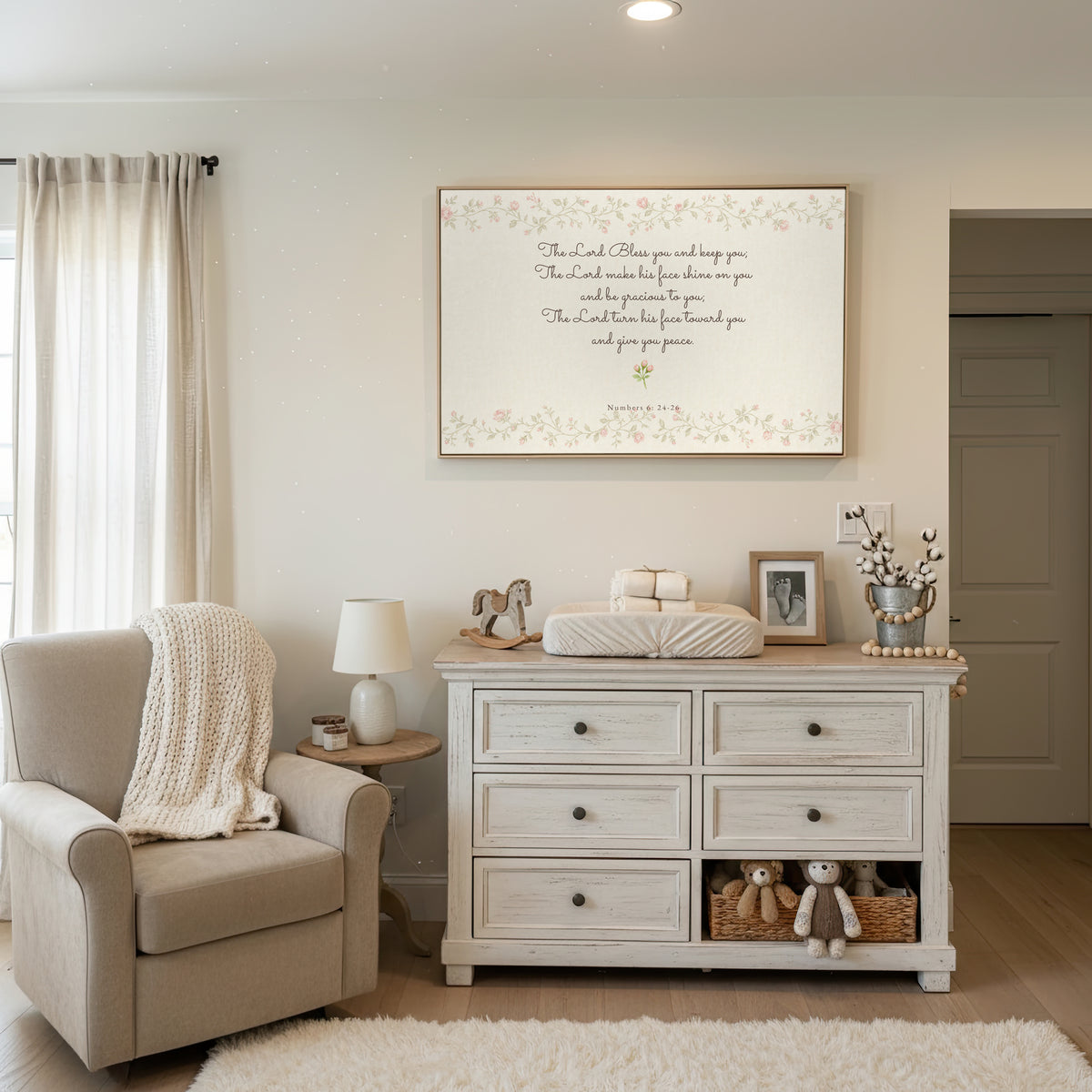 Nursery Blessing Soft Florals wall art in a bright white nursery
