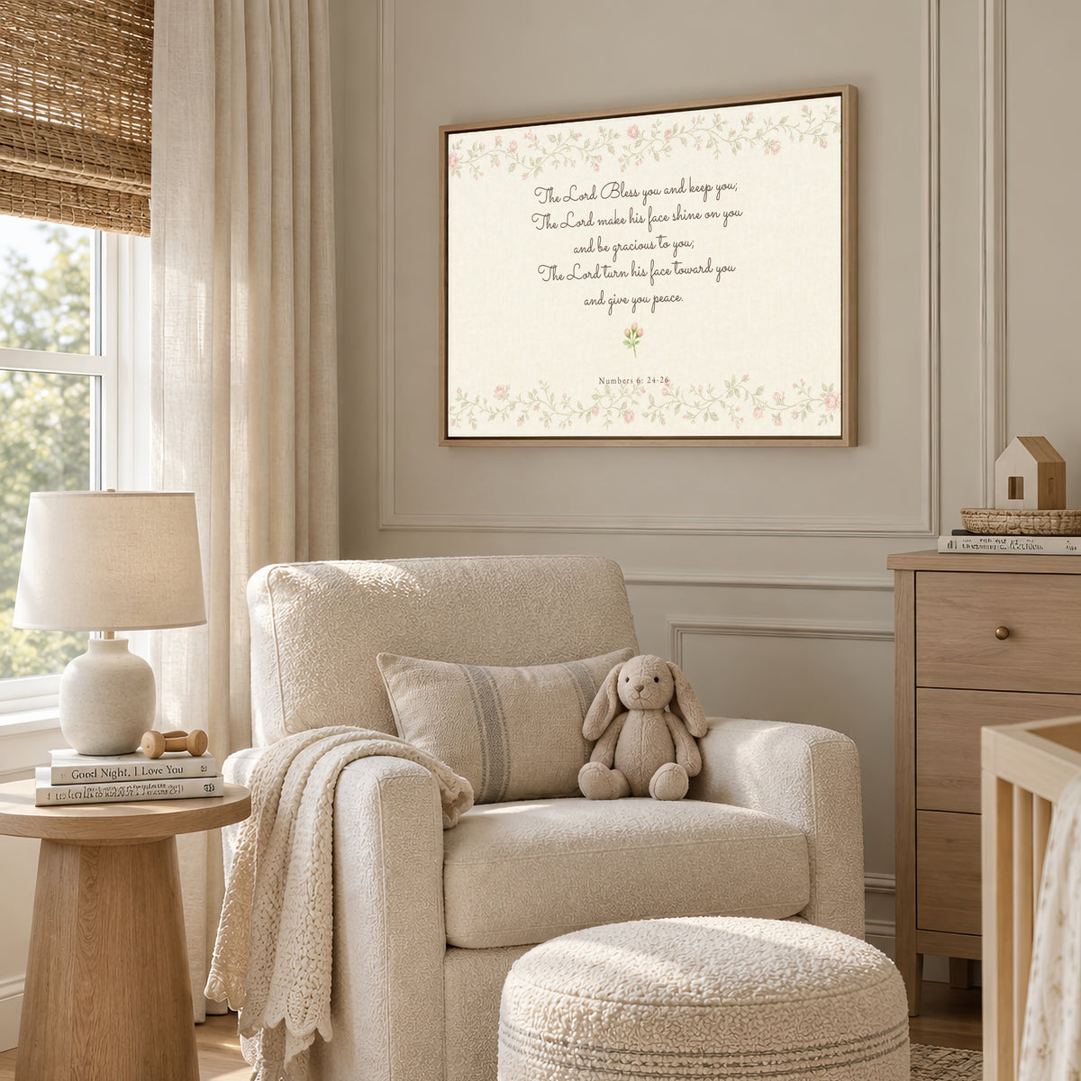Nursery Blessing Soft Florals wall art in a soft neutral nursery