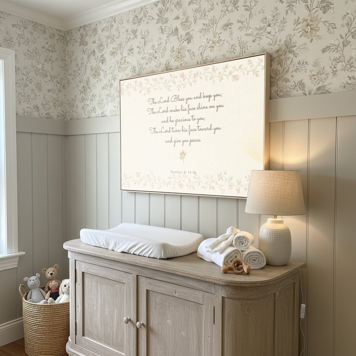 Nursery Blessing Soft Florals wall art in a floral wallpaper nursery
