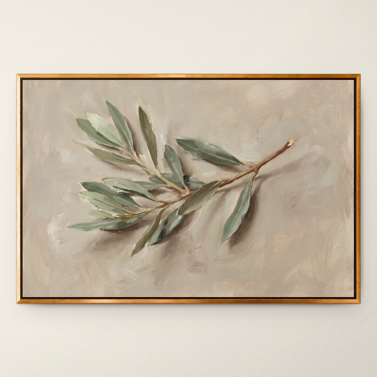The Single Olive Sprig wall art in a Gold floating frame