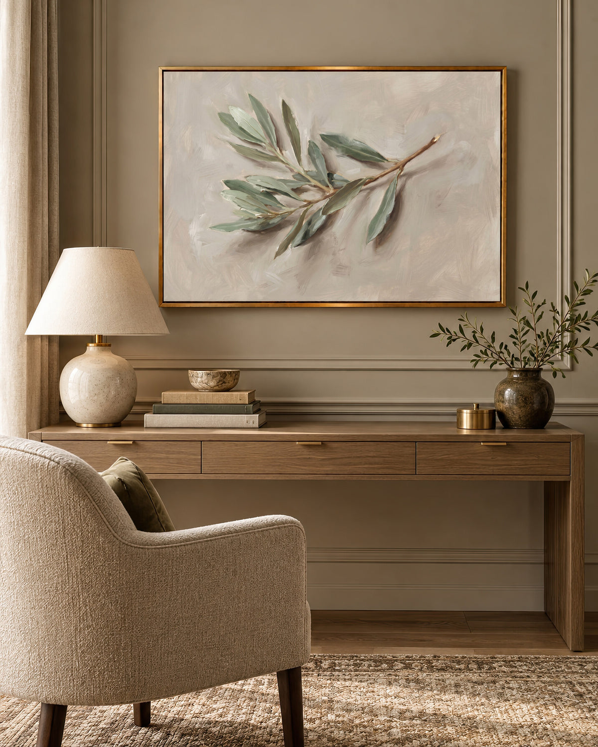 The Single Olive Sprig framed wall art above a desk in a cozy study nook