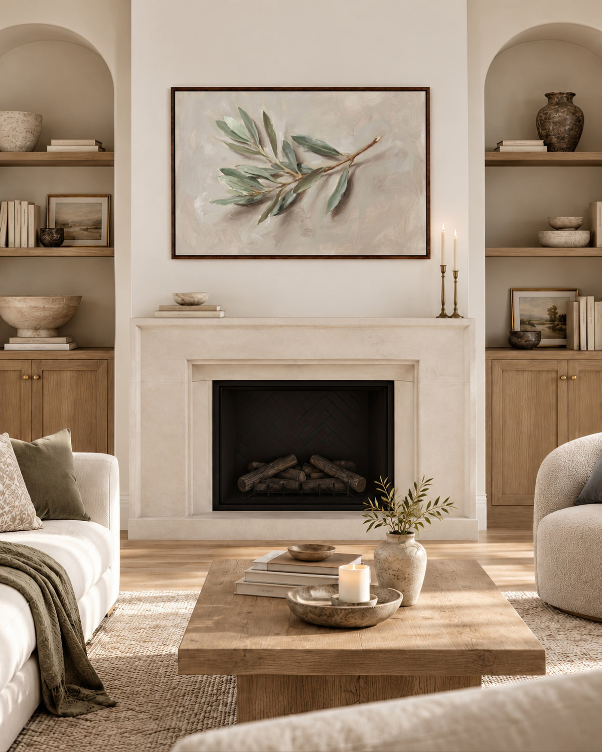 The Single Olive Sprig framed wall art above a fireplace in a living room
