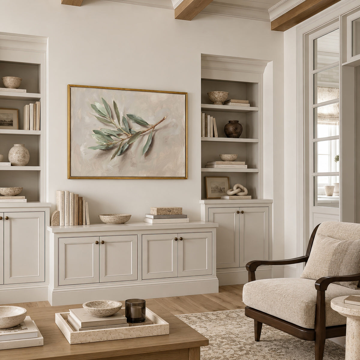 The Single Olive Sprig framed wall art in a neutral living room with built-ins