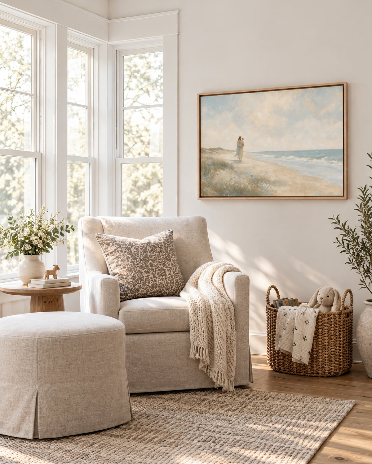Carried Along The Shore wall art in a serene nursery reading nook