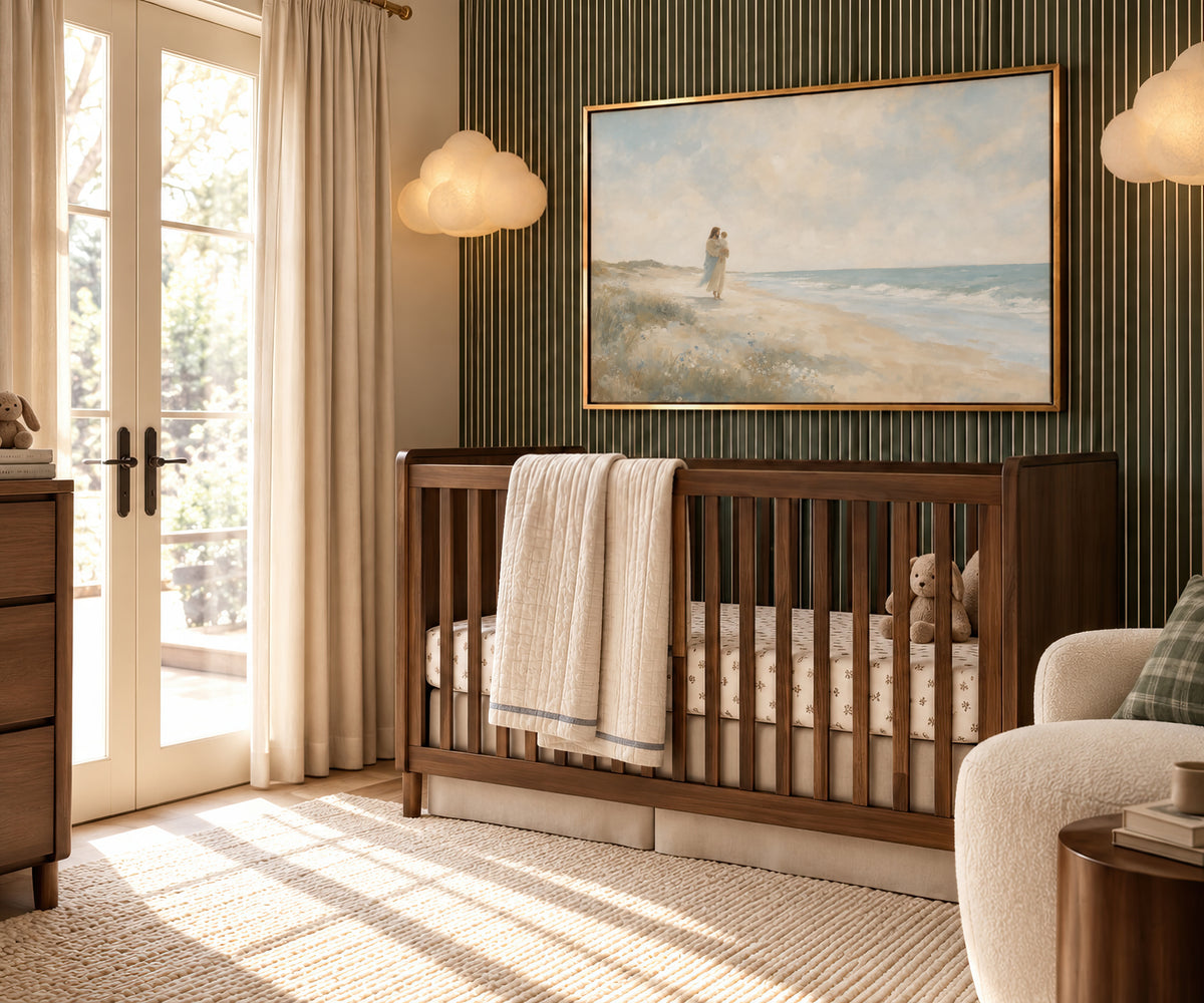 Carried Along The Shore wall art in a sage striped boy's nursery