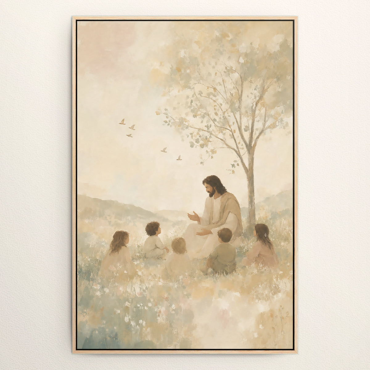 Let the Little Children Come Beneath the Tree in a Natural Oak floating frame on a pale wall