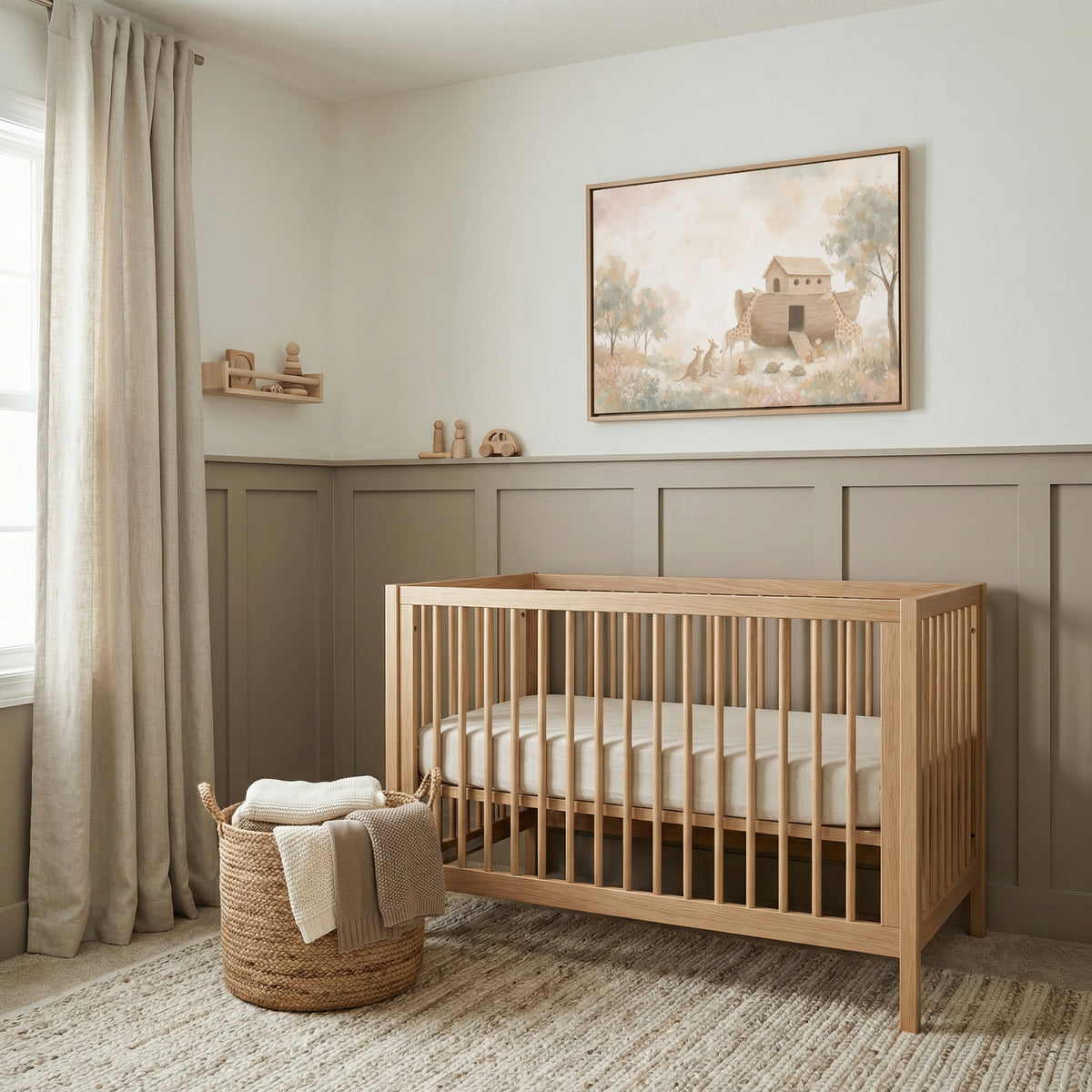 The Ark And The Giraffes wall art in a taupe paneled nursery