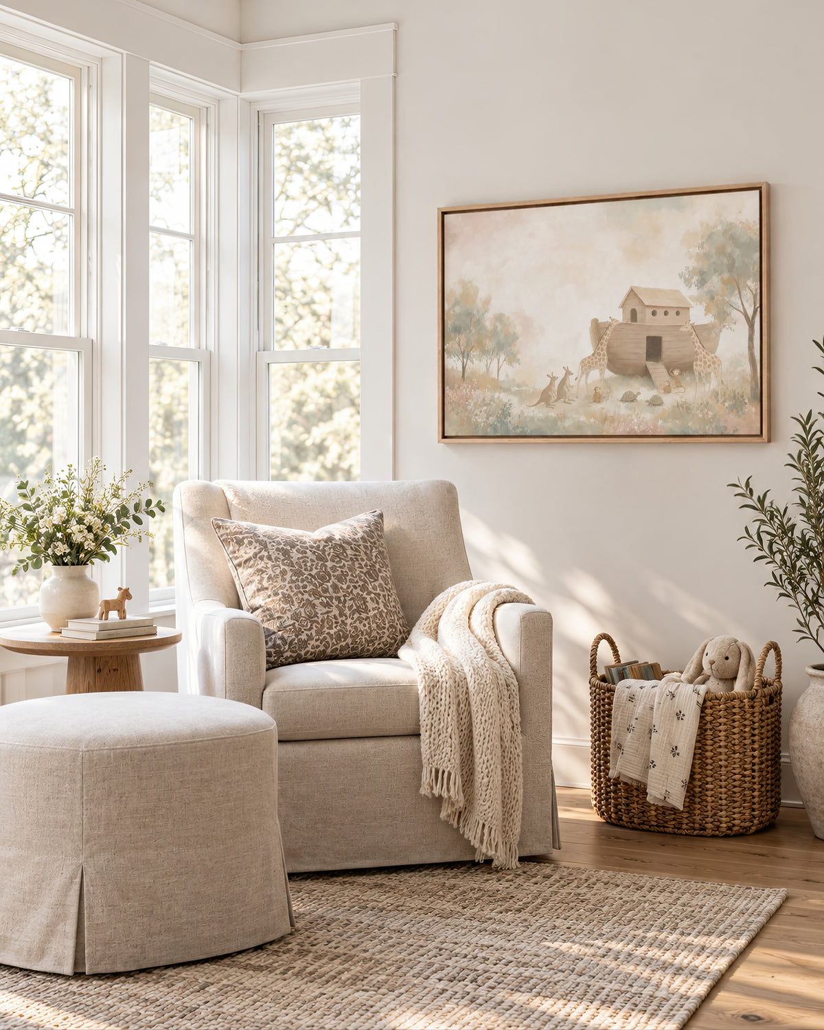 The Ark And The Giraffes wall art in a serene nursery reading nook
