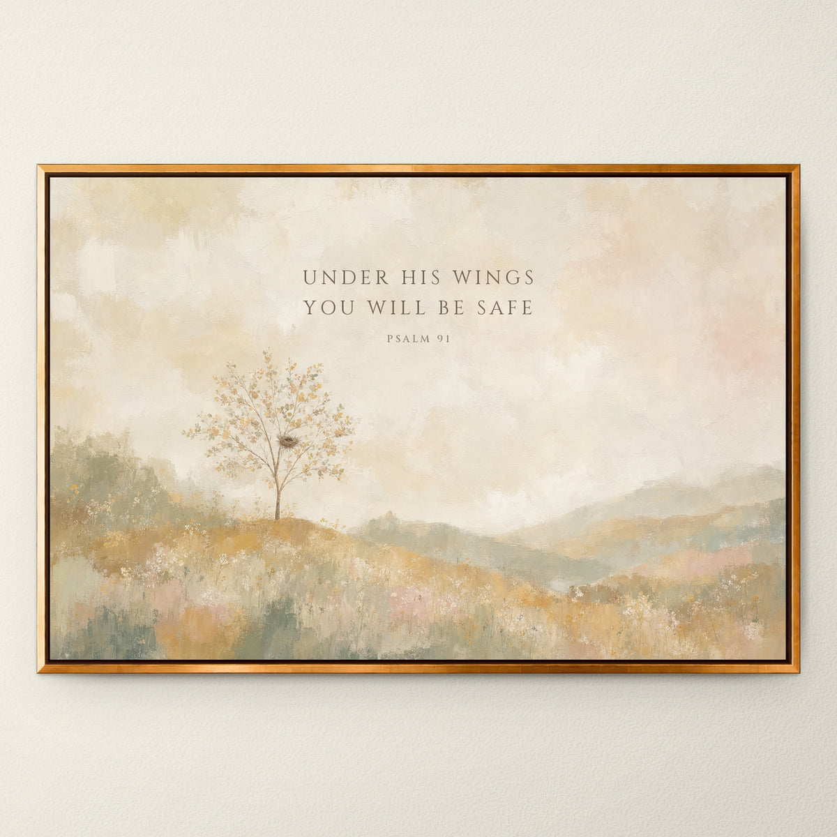Under His Wings You Will Be Safe (Landscape) wall art in a Gold floating frame