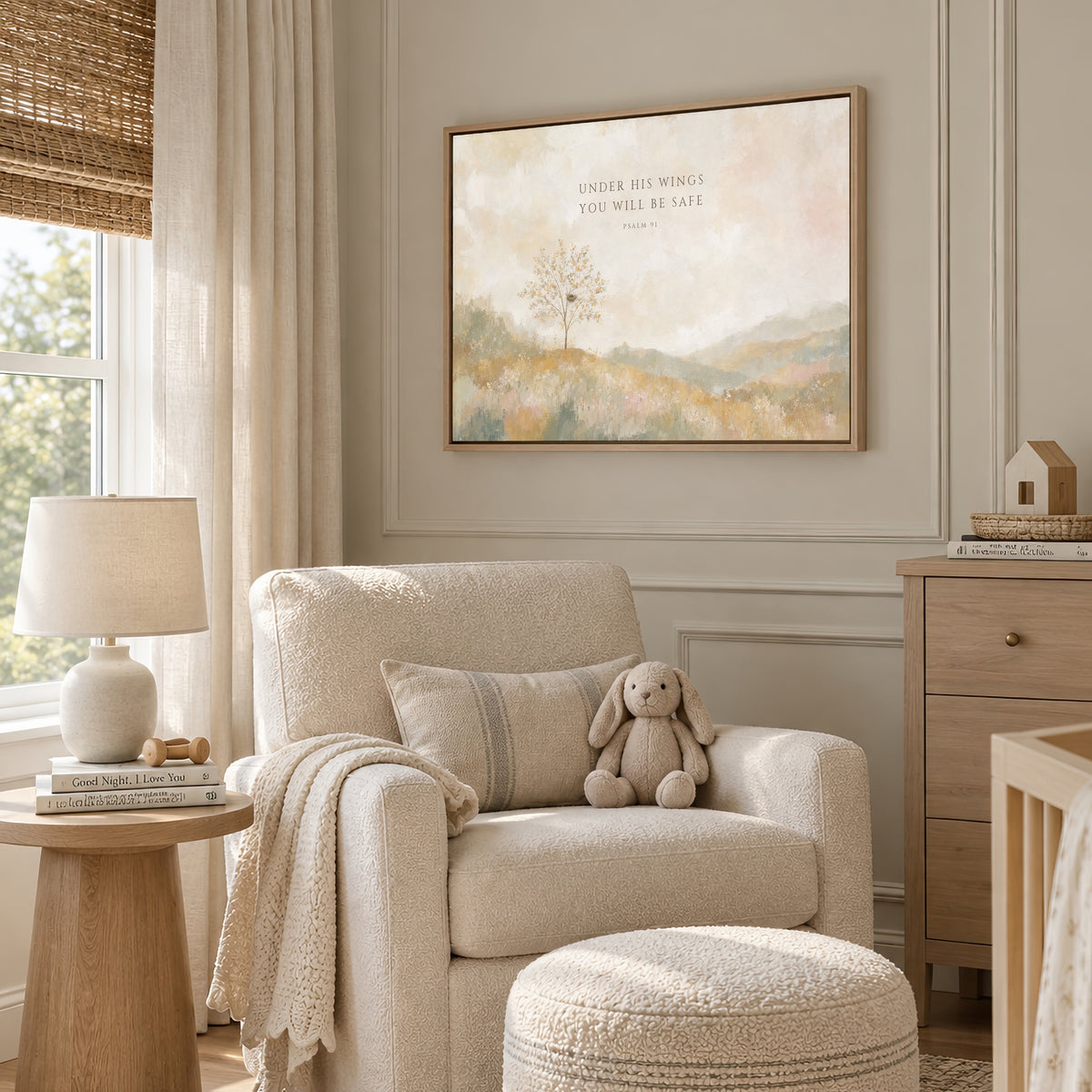 Under His Wings You Will Be Safe (Landscape) wall art in a soft neutral nursery