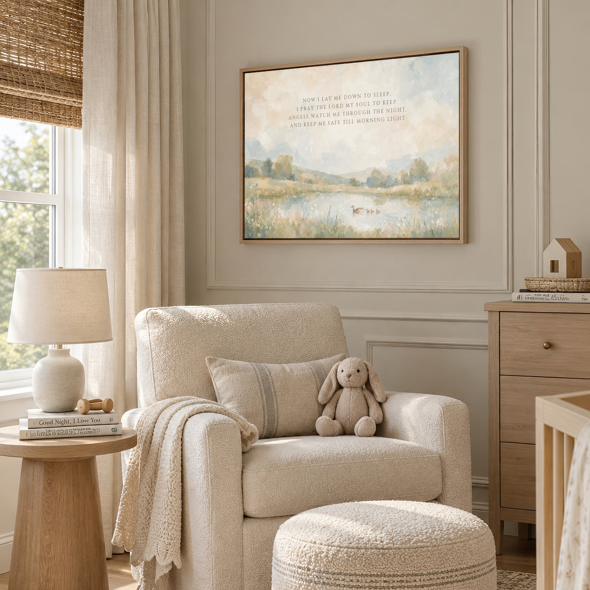 Now I Lay Me Down to Sleep wall art in a soft neutral nursery