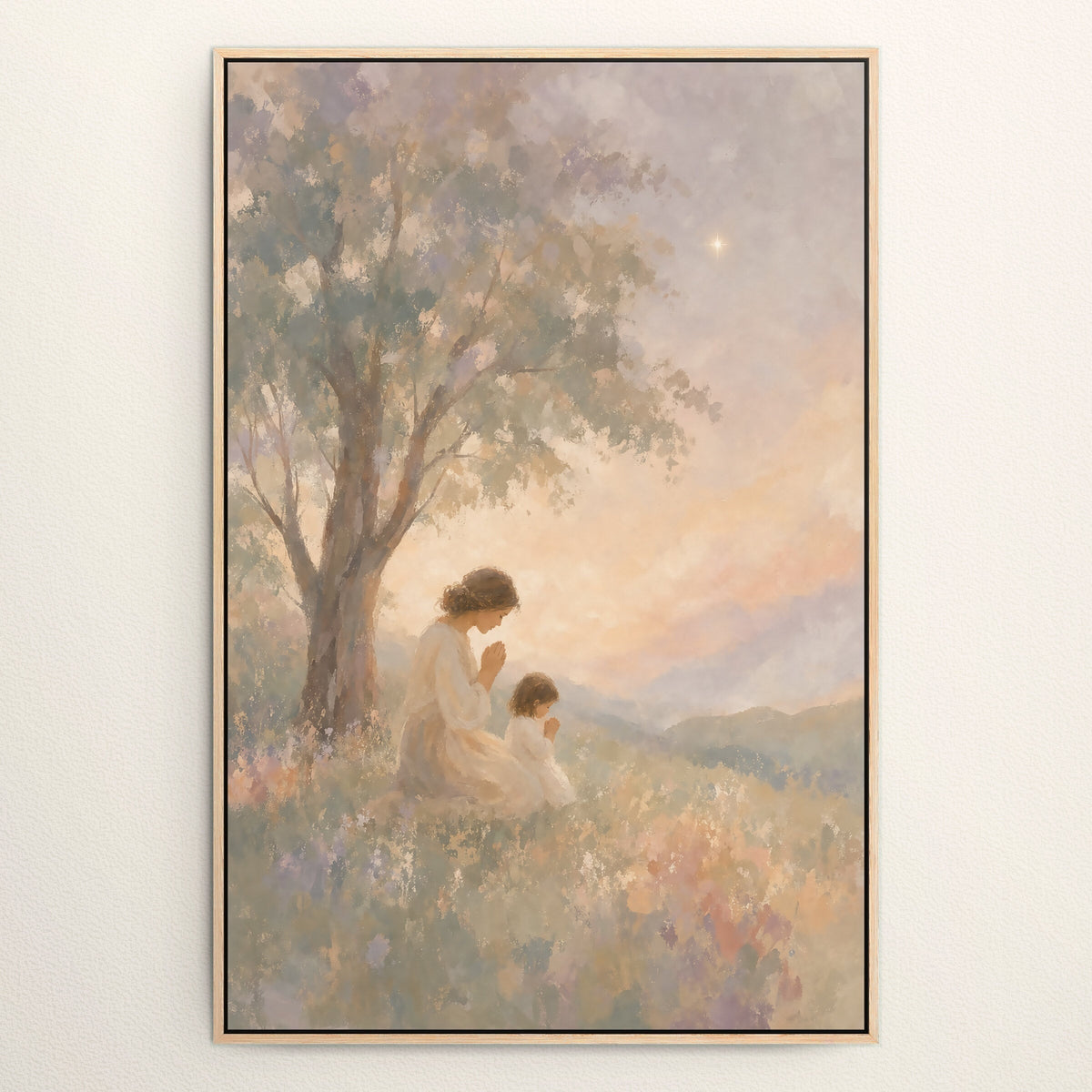 Evening Prayer with Mama in a Natural Oak floating frame on a pale wall
