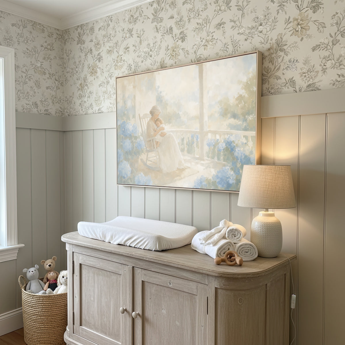 Porch Rocker and Hydrangeas wall art in a floral wallpaper nursery