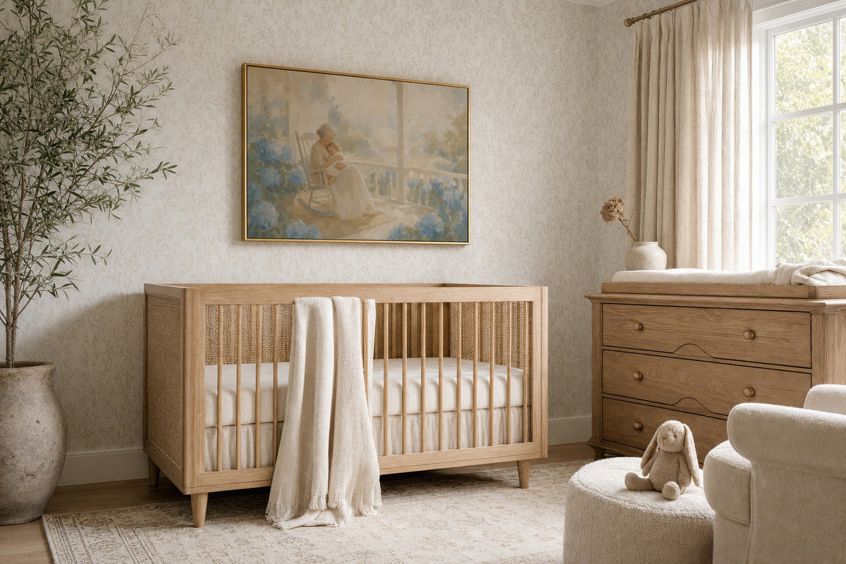 Porch Rocker and Hydrangeas wall art in a soft girl's nursery