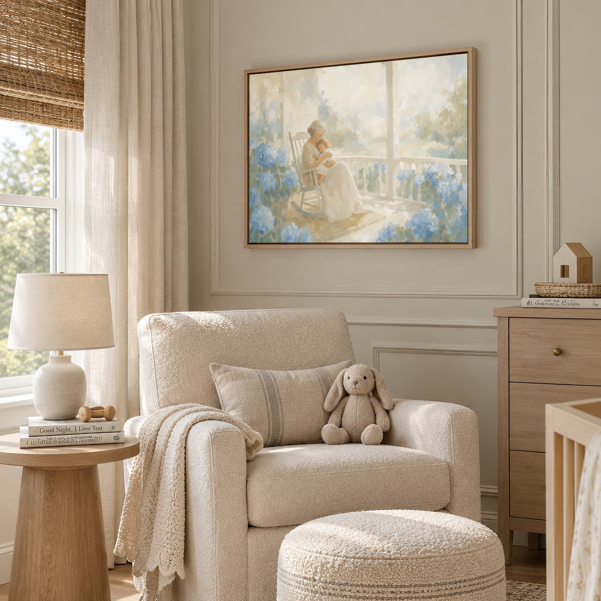 Porch Rocker and Hydrangeas wall art in a soft neutral nursery