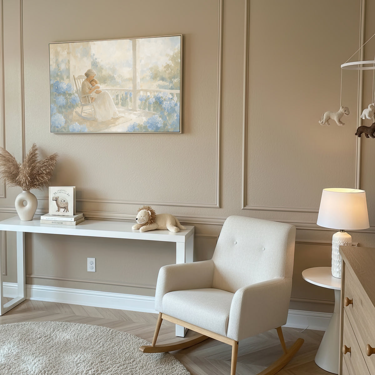 Porch Rocker and Hydrangeas wall art in a taupe nursery with a rocking chair