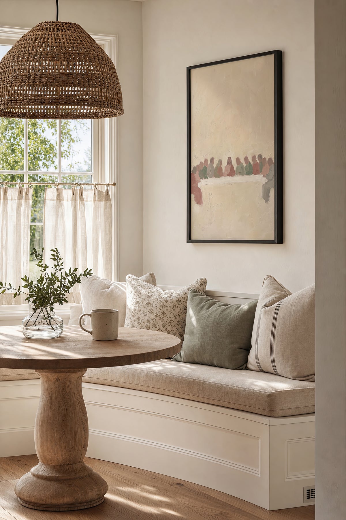 Pastel Last Supper wall art in a cozy kitchen nook