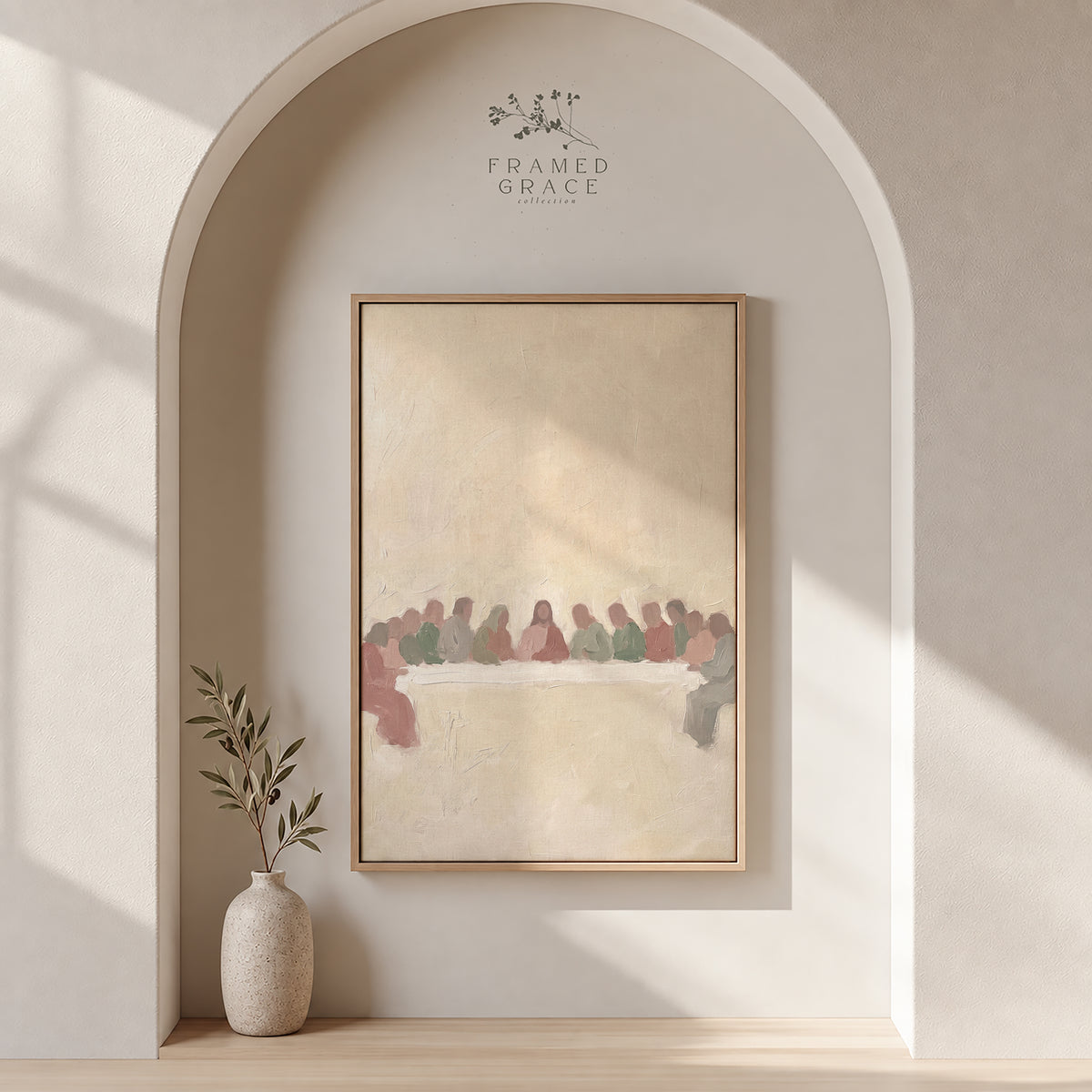 Pastel Last Supper wall art in an arched plaster alcove
