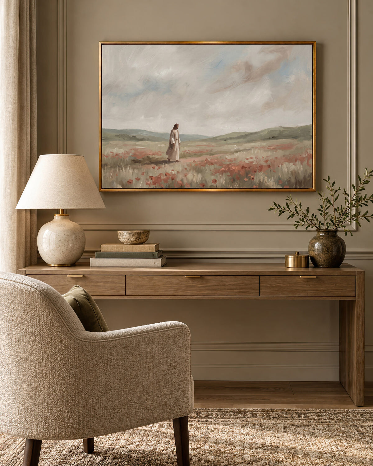 Jesus in the Poppy Field framed wall art above a desk in a cozy study nook