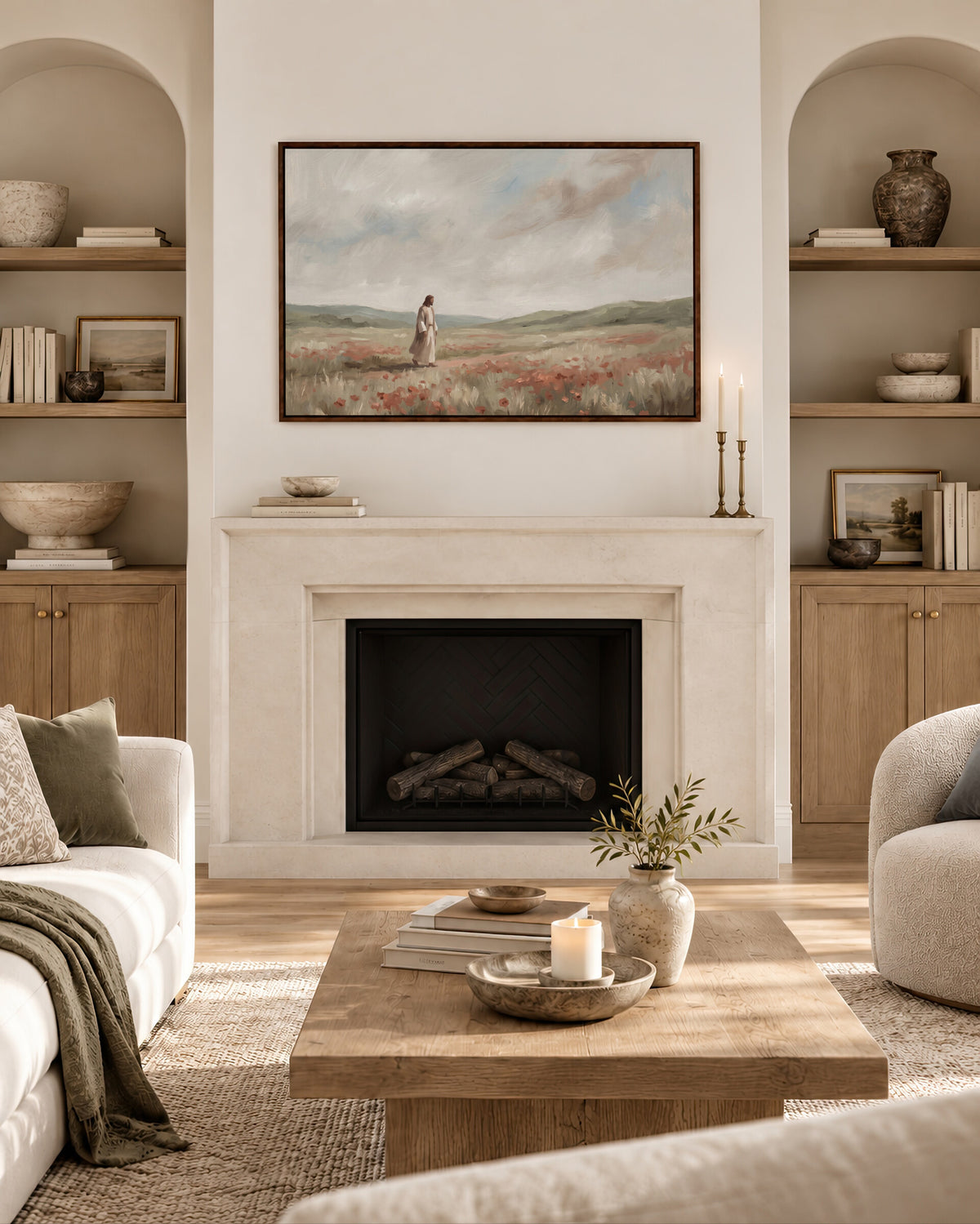 Jesus in the Poppy Field framed wall art above a fireplace in a living room