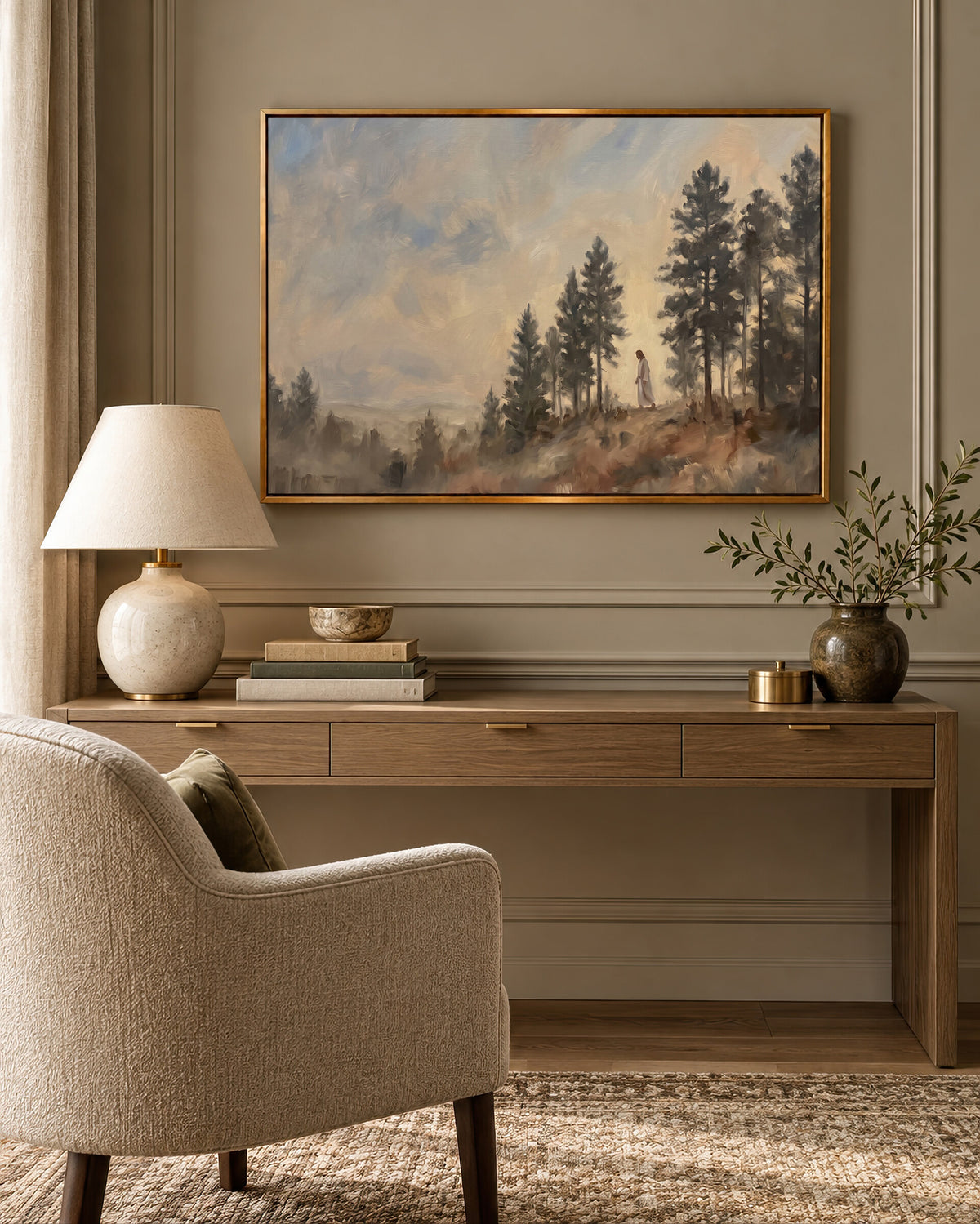 Pine Ridge Lookout framed wall art above a desk in a cozy study nook