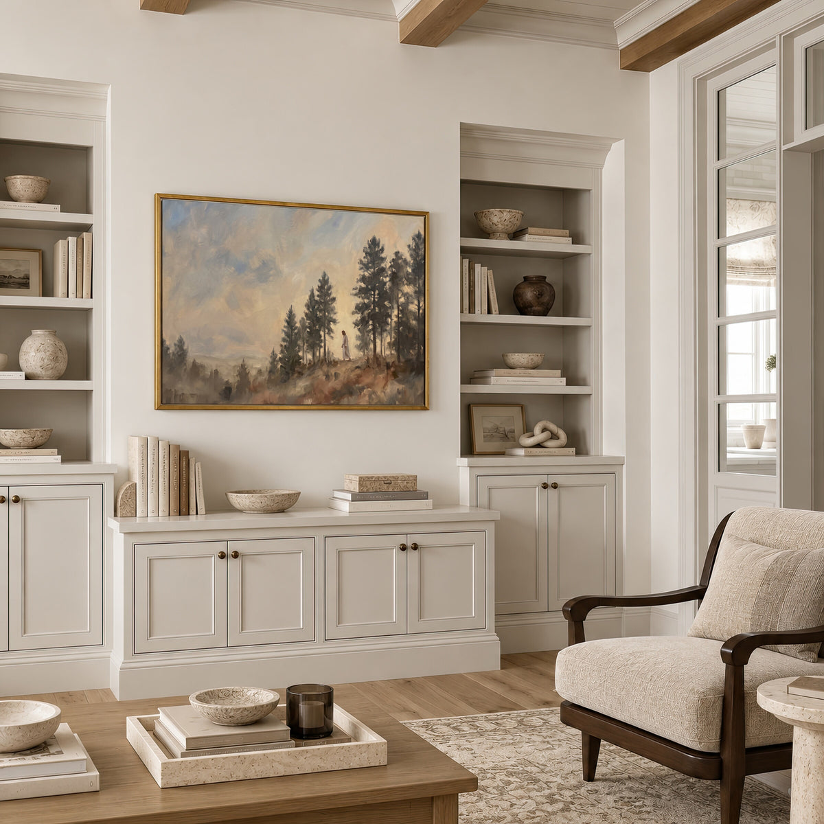 Pine Ridge Lookout framed wall art in a neutral living room with built-ins