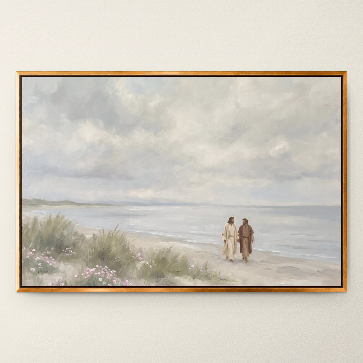Walking the Shore Together wall art in a Gold floating frame