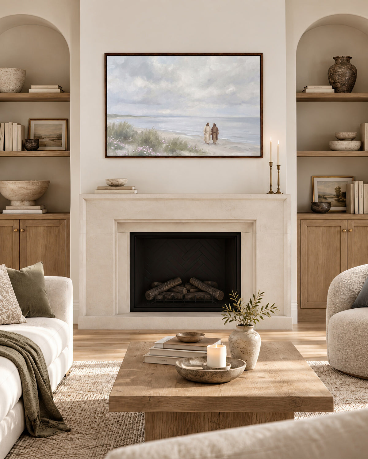 Walking the Shore Together framed wall art above a fireplace in a living room