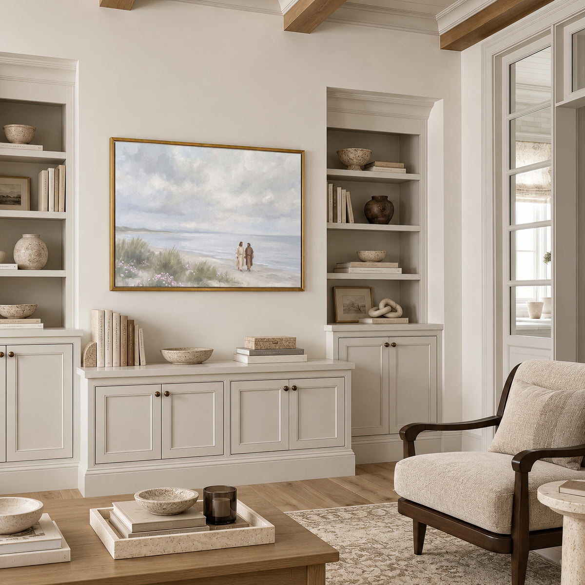 Walking the Shore Together framed wall art in a neutral living room with built-ins