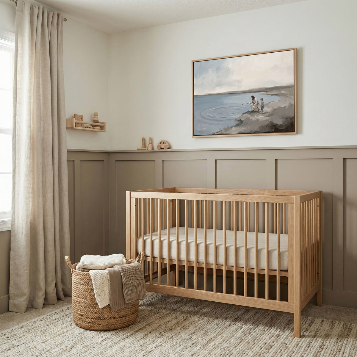 Skipping Stones with Jesus framed wall art above a crib in a taupe nursery