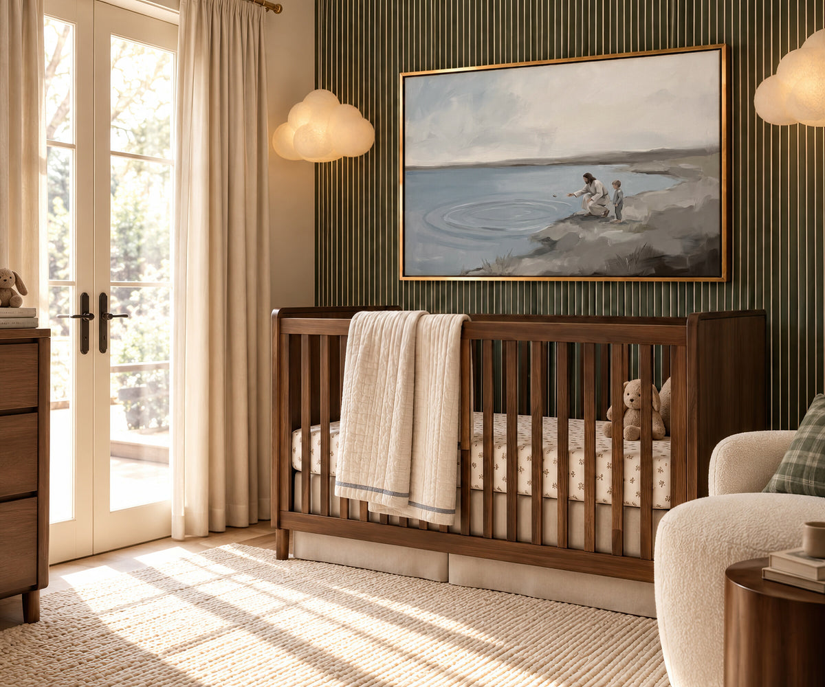 Skipping Stones with Jesus framed wall art in a striped-wall nursery