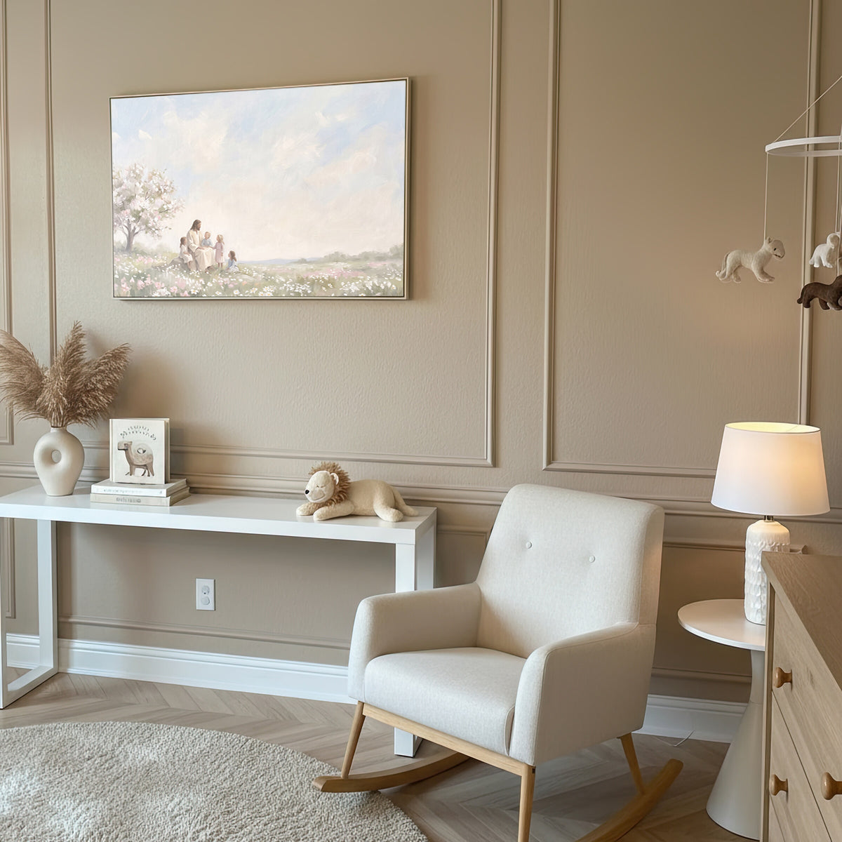 Children in the Blossom Meadow framed wall art in a nursery with a rocking chair