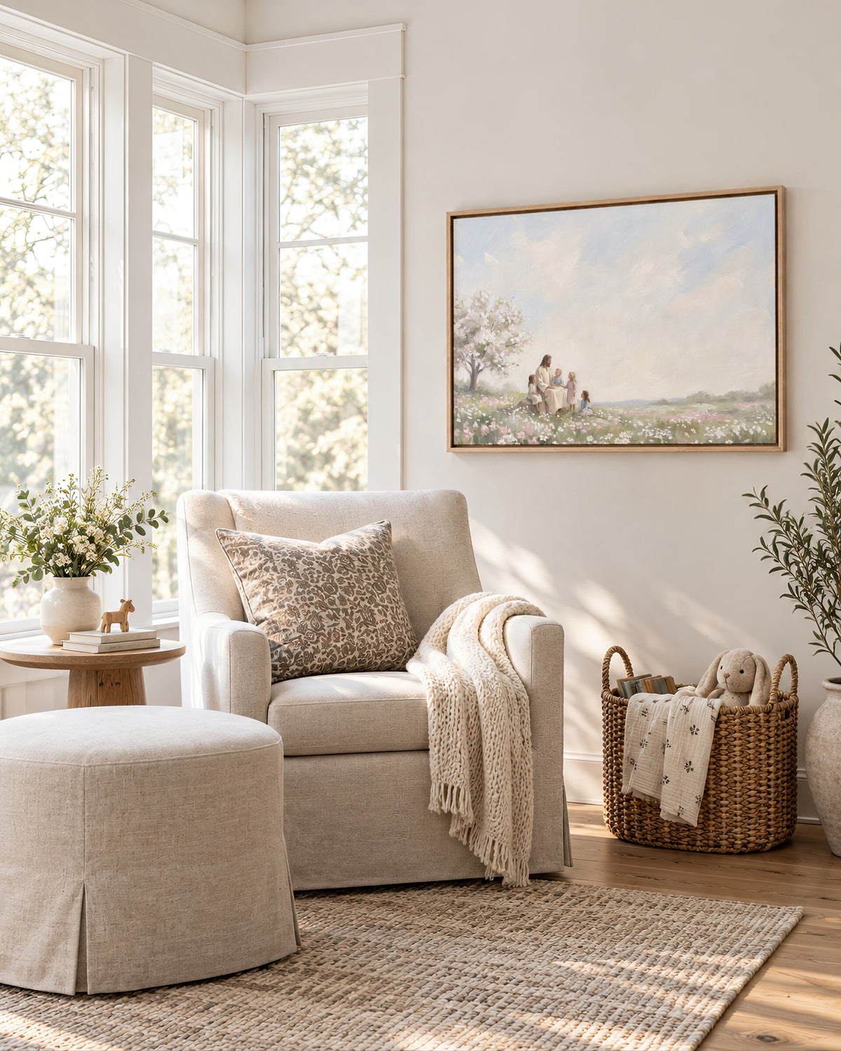 Children in the Blossom Meadow framed wall art in a serene reading nook