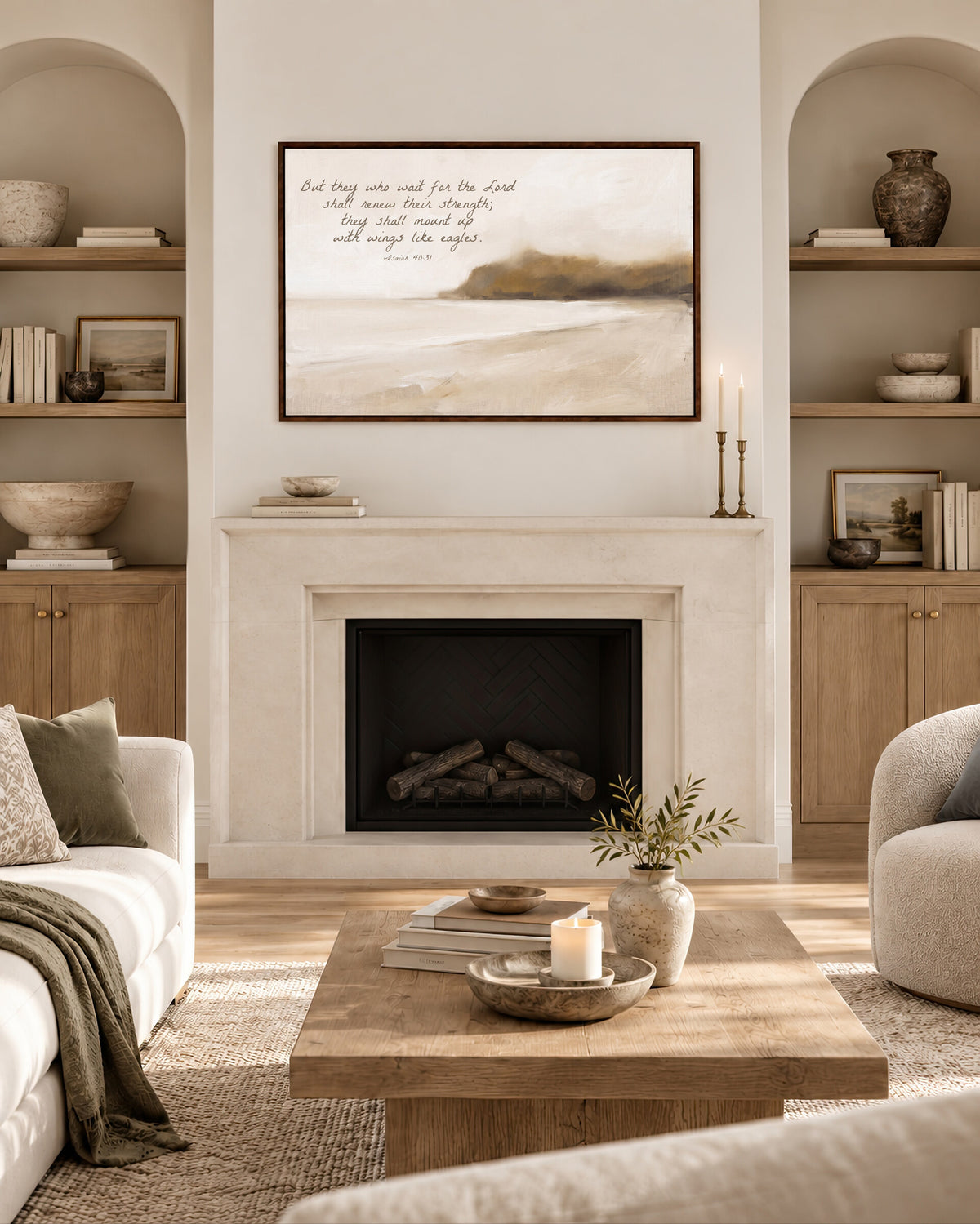 Wings Like Eagles Headland framed wall art above a fireplace in a living room