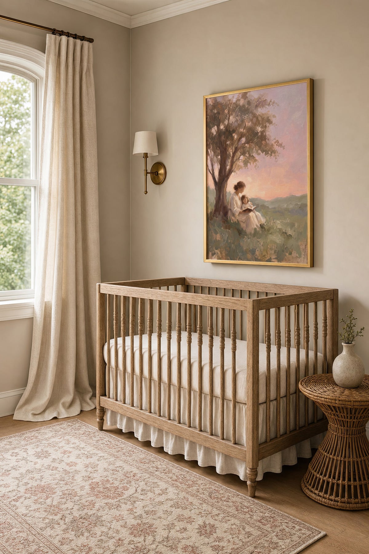 Story Time Under the Tree framed wall art beside a crib in a sunny nursery