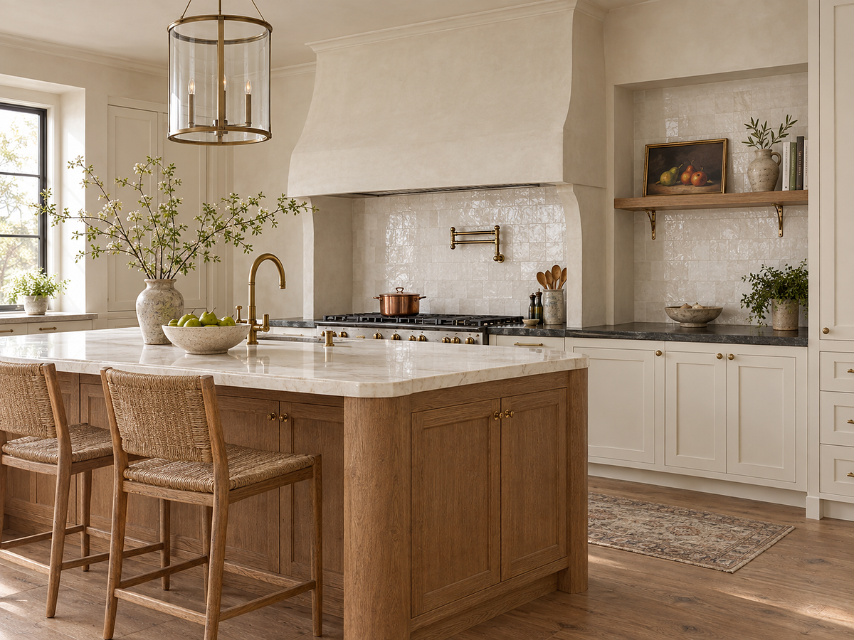 Warm ivory kitchen with oak island and framed fruit still life on an open shelf