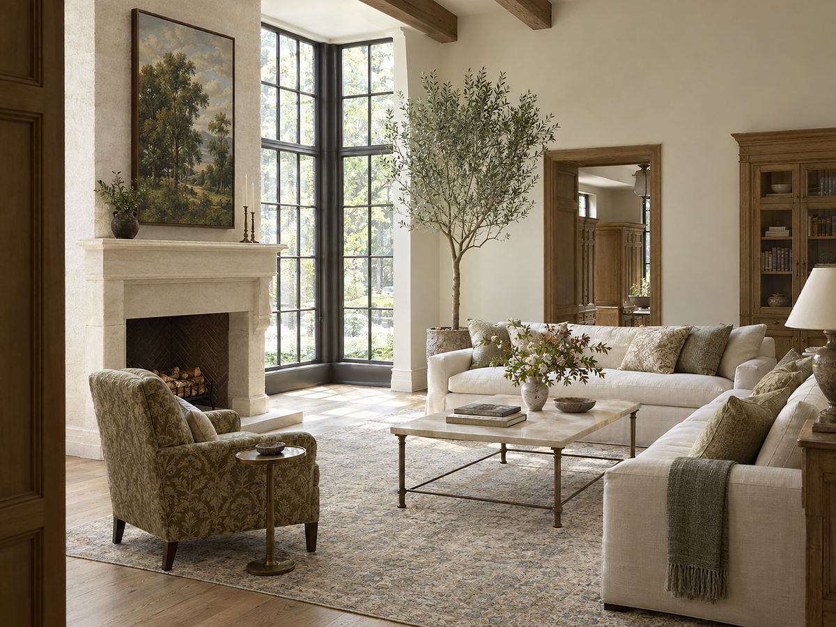 Warm neutral living room with framed landscape artwork above the fireplace